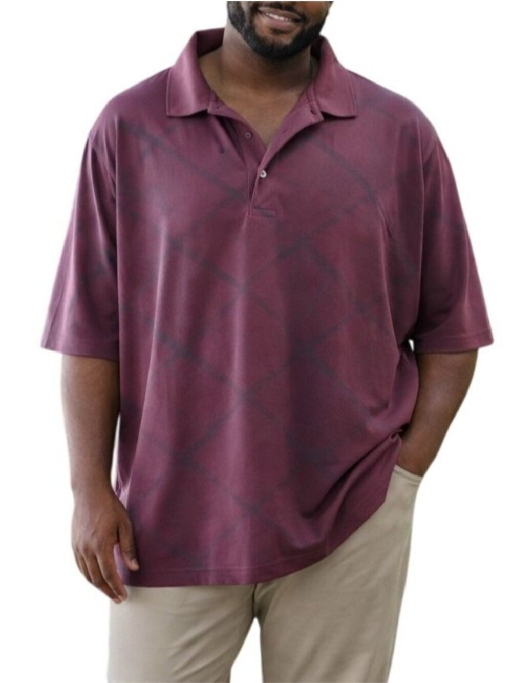 Roundtree & Yorke Performance Plus Size 3XT Polo Shirt Plum Purple Argyle Print